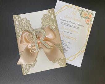 Champagne Glitter Quinceanera Invitation, Champagne Ribbon Invitation, Quinceanera Invitation, Initial on Bow, Laser Cut Invitation Gilitter