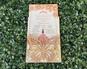 Rose Gold Glitter Butterfly Quinceanera Invitation: Blush Floral Pocket