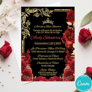Red Roses Quinceanera Invitation Template: Gold Frame (Digital)