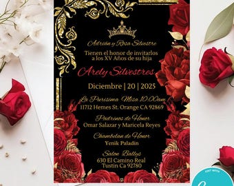 Digital Red Roses Flowers Quinceanera Invitation Template Red Floral Mis Quince 15 Birthday Gold Frame Quinceanera Digital Invitation AI-034