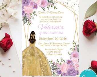 Lilac Floral Quinceañera Invitation Template (Digital Download)