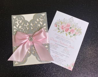 Silver Glitter Laser Cut Quinceanera Invitation: Pink Ribbon Bow