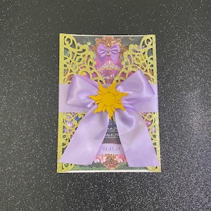 Gold and Lilac Tangled Invitation, Tangled Quinceanera Invite, Tangled Party Invite, Rapunzel Princess, Lilac Ribbon Bow, Gold Acrylic Sun