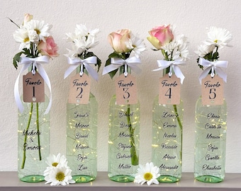 Plano de mesas de boda, botellas de vino con nombres, plano de mesas de boda