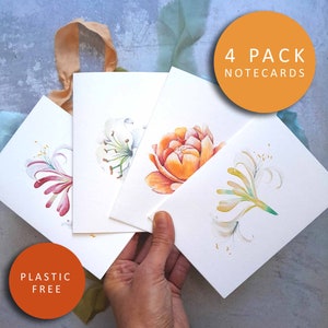 Paquet de 4 cartes de correspondance florales aquarelles | Cartes de voeux | Peintures faites à la main