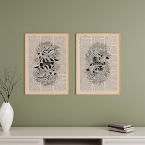 Hand Drawn King and Queen Playing Card Illustration Printed on Authentic Vintage Dictionary Pages