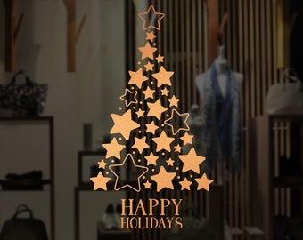 Stars Christmas Tree Window Decal, Wall Vinyl Sticker, Shop Sign, Window Display, Happy Holiday, Seasonal Window Decoration, Gold Stars