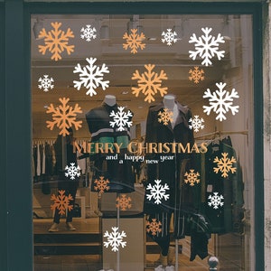 Merry Christmas Snowflakes Window Decal Set, Christmas Shop Sign, Happy New Year, Seasonal Retail Decoration, Removable Window Vinyl