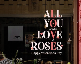 Love & Roses - Happy Valentine's Day Shop Window Decoration - Removable Retail Sign - Self Adhesive Removable Vinyl Sticker - February 14