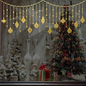 Hanging Christmas Tree Decorations Window Decal, Shop Retail Window Display, Gold Stars Stickers, Removable Window Vinyl, Happy Xmas