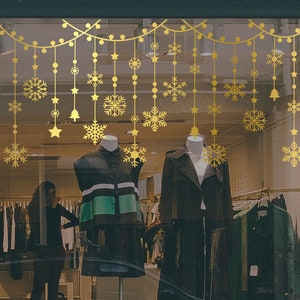 Hanging Snowflakes Christmas Decorations Window Decal, Shop Retail Window Display, Gold Stars Stickers, Removable Window Vinyl, Happy Xmas