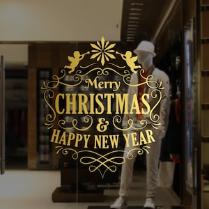 Merry Christmas & Happy New Year Window Decal, Wall Vinyl Sticker, Shop Sign, Window Display, Seasonal Window Decoration, Christmas Angels