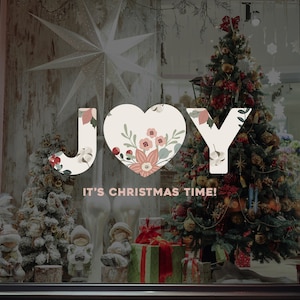 Joy Christmas Window Sign - Christmas Window Decal, Removable Vinyl, Christmas Window Decoration, Seasonal Decor, Floral Christmas Decor