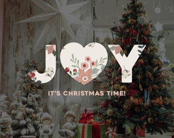 Joy Christmas Window Sign - Christmas Window Decal, Removable Vinyl, Christmas Window Decoration, Seasonal Decor, Floral Christmas Decor