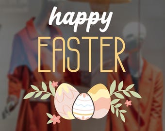 Happy Easter Shop Window Decoration - Removable Retail Sign - Self Adhesive Removable Vinyl Sticker - Easter Eggs Decoration - Shop Sign