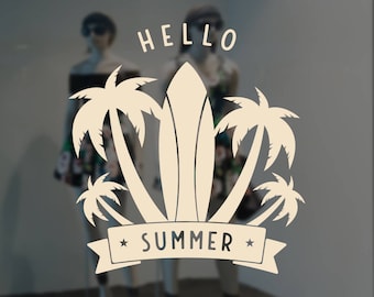 Hello Summer Tropical Surfboard Window Sign - Removable Vinyl Decal - Seasonal Shop Window Sticker - Summer Window Cling - Retail Display