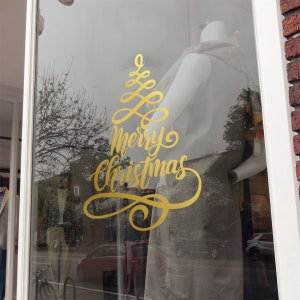 Merry Christmas Window Vinyl Sticker, Christmas Tree Window Decal, Shop Sign, Window Display, Seasonal Window Decoration, Wall Decal Sticker