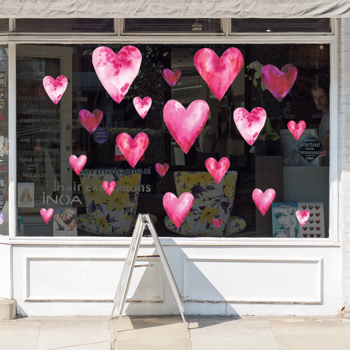 Set of 20 Large Watercolour Hearts Valentine's Day Shop Window Vinyl