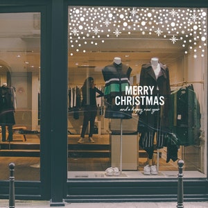 Hanging Snowflakes Christmas Decorations Window Decal, Shop Retail Window Display, Gold Stars Stickers, Removable Window Vinyl, Happy Xmas