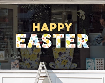 Happy Easter Floral Shop Window Decoration - Removable Retail Sign - Self Adhesive Removable Vinyl Sticker - Easter Sunday Eggs Decoration