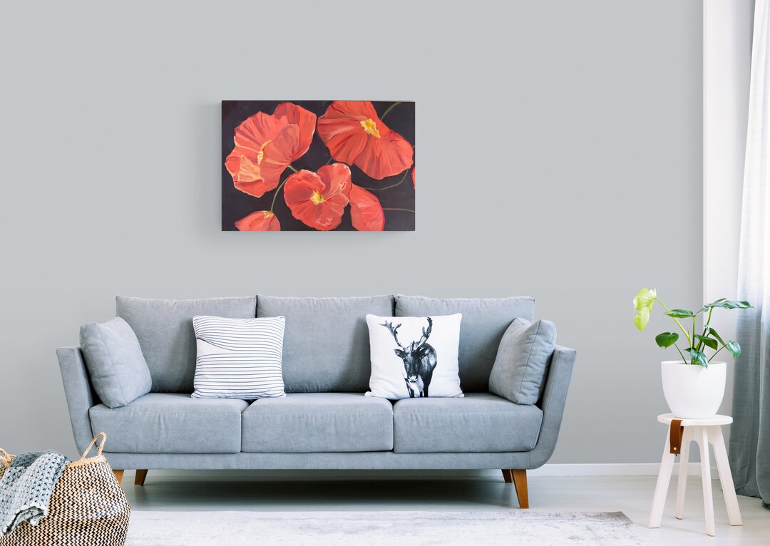 Original Red Poppies Oil Painting on Canvas, Handmade Floral Art (36x24 ...