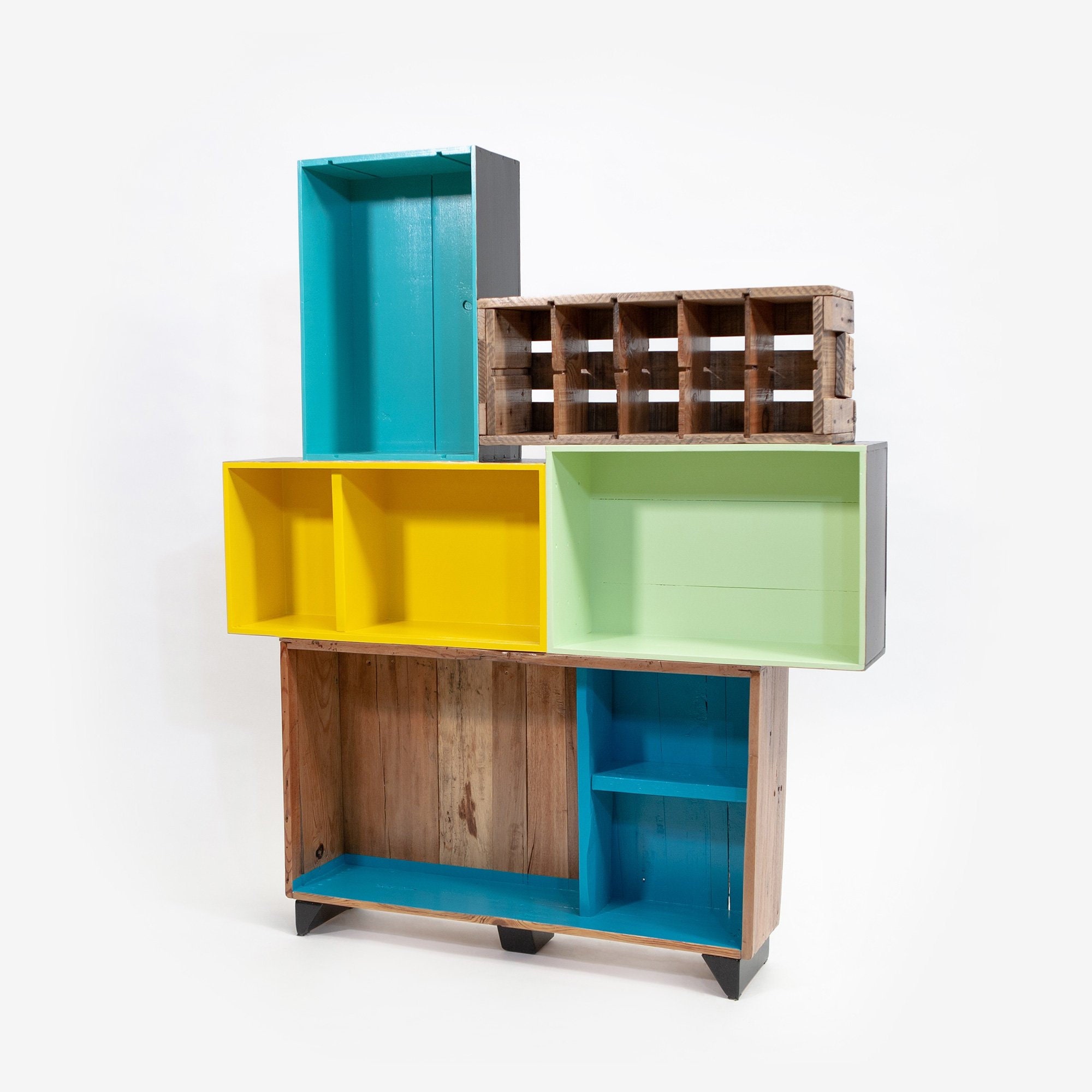 Étagère Bibliothèque en Bois - Caisses Colorées Meuble de Rangement Création Artisanale Upcycling