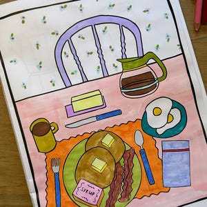 May include: A colorful illustration of a breakfast scene. The image features pancakes with butter, bacon, and eggs on a plate, along with a coffee pot, cup, and syrup. A purple chair and floral wallpaper are in the background.