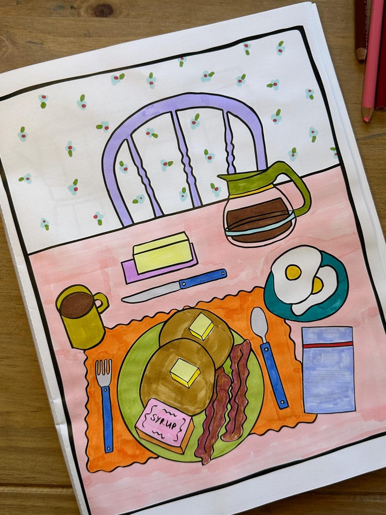 May include: A colorful illustration of a breakfast scene. The image features pancakes with butter, bacon, and eggs on a plate, along with a coffee pot, cup, and syrup. A purple chair and floral wallpaper are in the background.