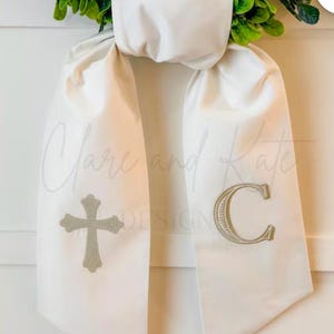 Monogrammed Cross Wreath Sash, Personalized First Communion Bow, Embroidered Religious Ribbon, Baptism Wreath Decor, Christian Home Accent