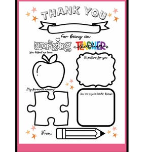 Carta de agradecimiento al maestro, carta de agradecimiento al maestro imprimible, regalo de agradecimiento al maestro, página para colorear escolar