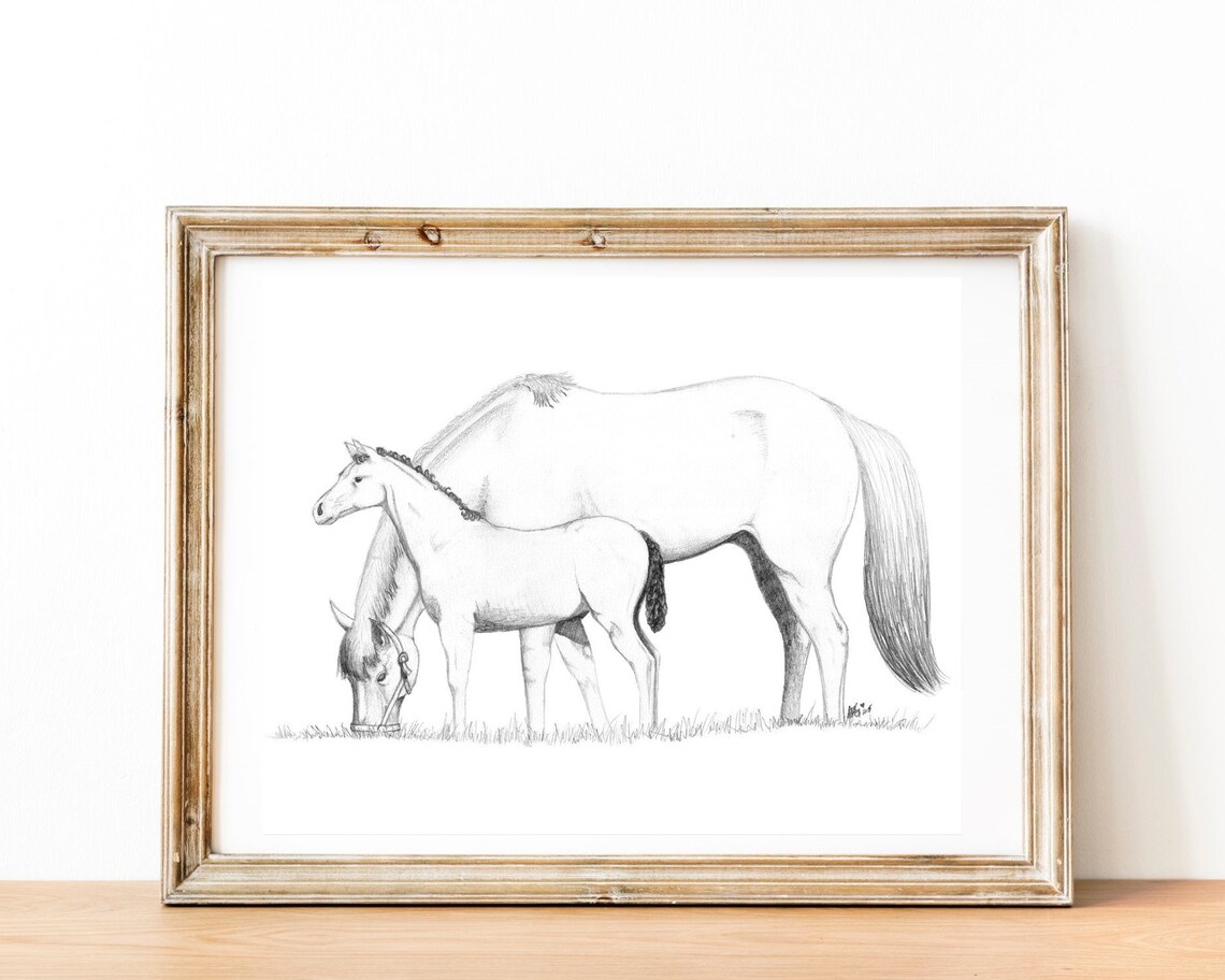 Horse Pencil Drawing, Mother and Baby Graphite Drawing, Printable Wall