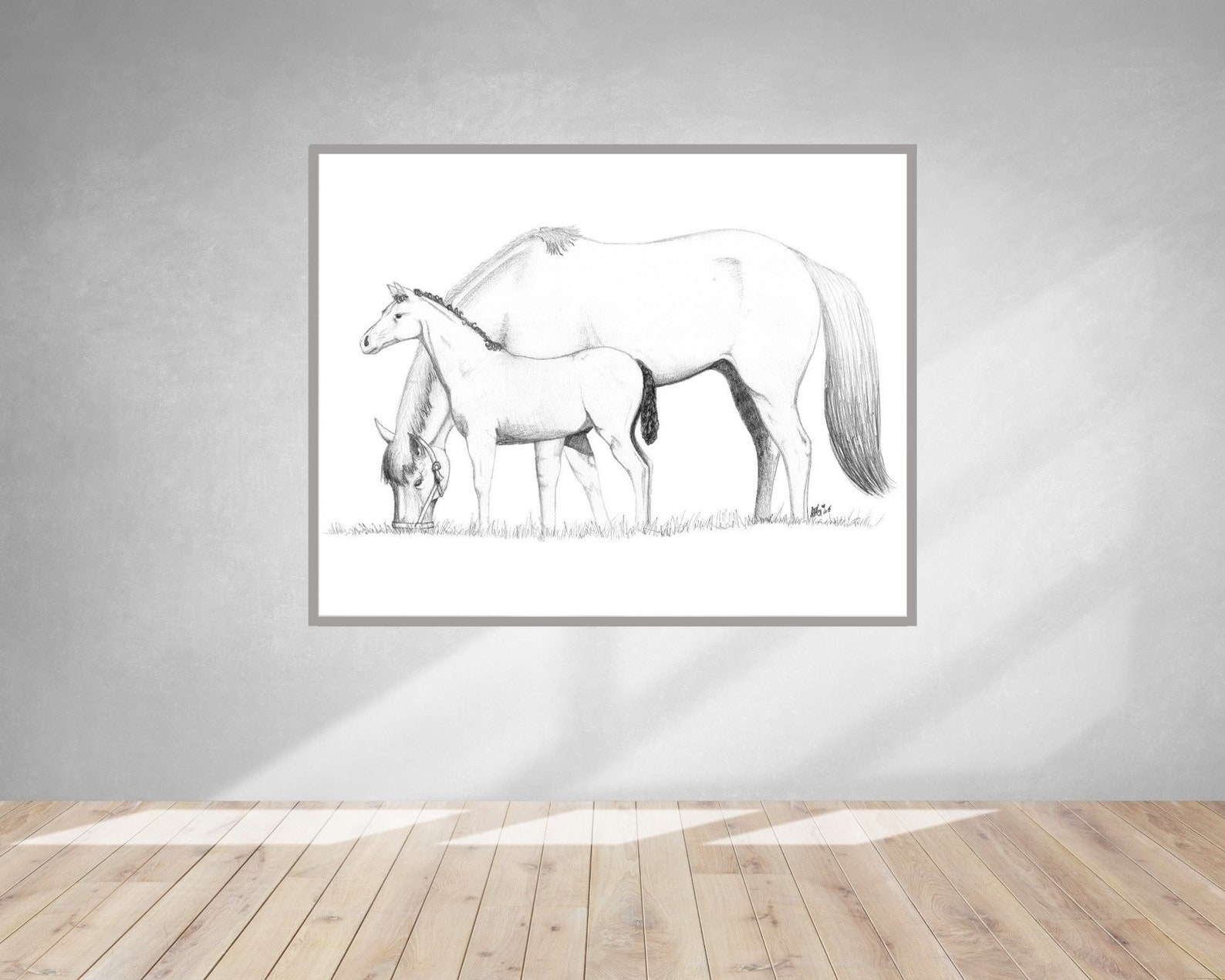 Horse Pencil Drawing, Mother and Baby Graphite Drawing, Printable Wall