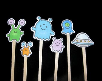 Alien Cupcake Toppers Set of 6 (Made to Order)