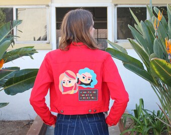 Scowl Girl Jacket - Denim Jacket - Red Denim - Red Jacket - Feminist Jacket - Femme Fatale - Angry Girl Aesthetic -Embroidered Jacket -Patch