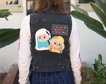 Scowl Girl Vest - Black Denim - Denim Vest - Levi Vest - Feminist Jacket - Denim Jacket - Jean Jacket -Embroidered Vest -Patched Vest -Patch