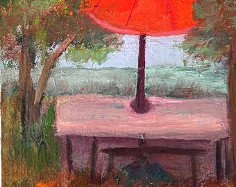 Picnic Table, red umbrella, original oil, 8x6, Art, painting, framed or unframed, bright, happy
