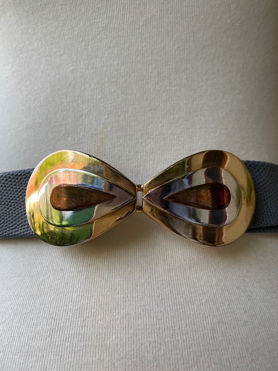 Vintage Brass Buckle Elastic Stretch Belt Rare ! RARE! NWT! Nan Lewis Vintage Gold Tone Circles Black Elastic  main image 4