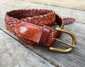Vintage Leather Braided Belt with Gold Buckle