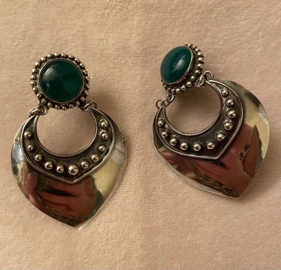Vintage Mexican Silver & Green Stone Earrings