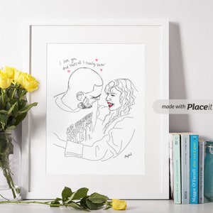 May include: A black and white line drawing of a couple embracing. The man is wearing a t-shirt with the text "AFC Champions" on it. The woman is wearing a long-sleeved shirt. The text "I love you and that's all I really know" is written in pink above the couple.