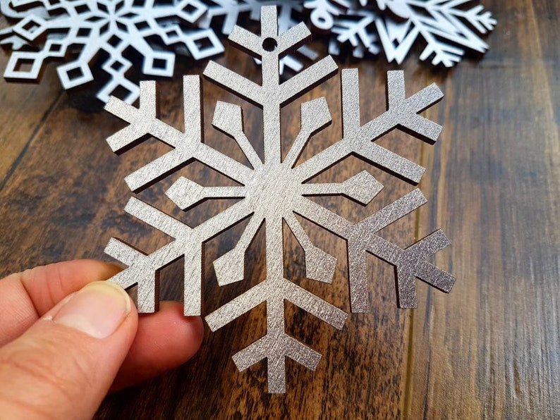 12 Metallic Silver Wood Snowflake Ornaments Snowflakes Laser Cut Wood Decor Christmas Decor