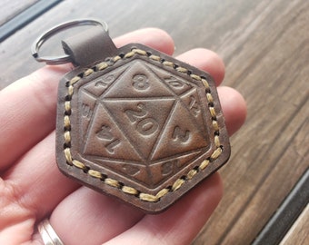 d20 Keychain | Leather DnD Key Ring | Hand Stitched | Dungeons & Dragons | Personalized Engraved Initials
