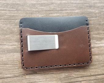 Hand-Stitched Leather Cardholder with Money Clip | 3 Pockets 9 cards | Minimalist Wallet | Horizontal