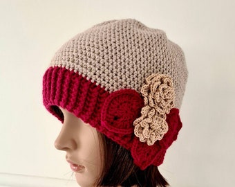 Beanie with flower motif, crochet beige and red beanie hat