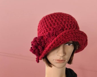 Women red cloche hat, winter crochet hat, flower appliques