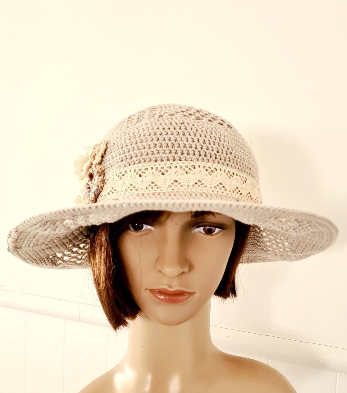 Women Sun Hat, Beige Cotton Crochet Sun Hat With Wide Brim and Flower Detail Etsy