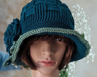 Cloche style wool hat green, crochet cloche hat with large rose embellishment