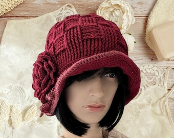 Cloche style red wool hat, crochet cloche hat with large rose embellishment