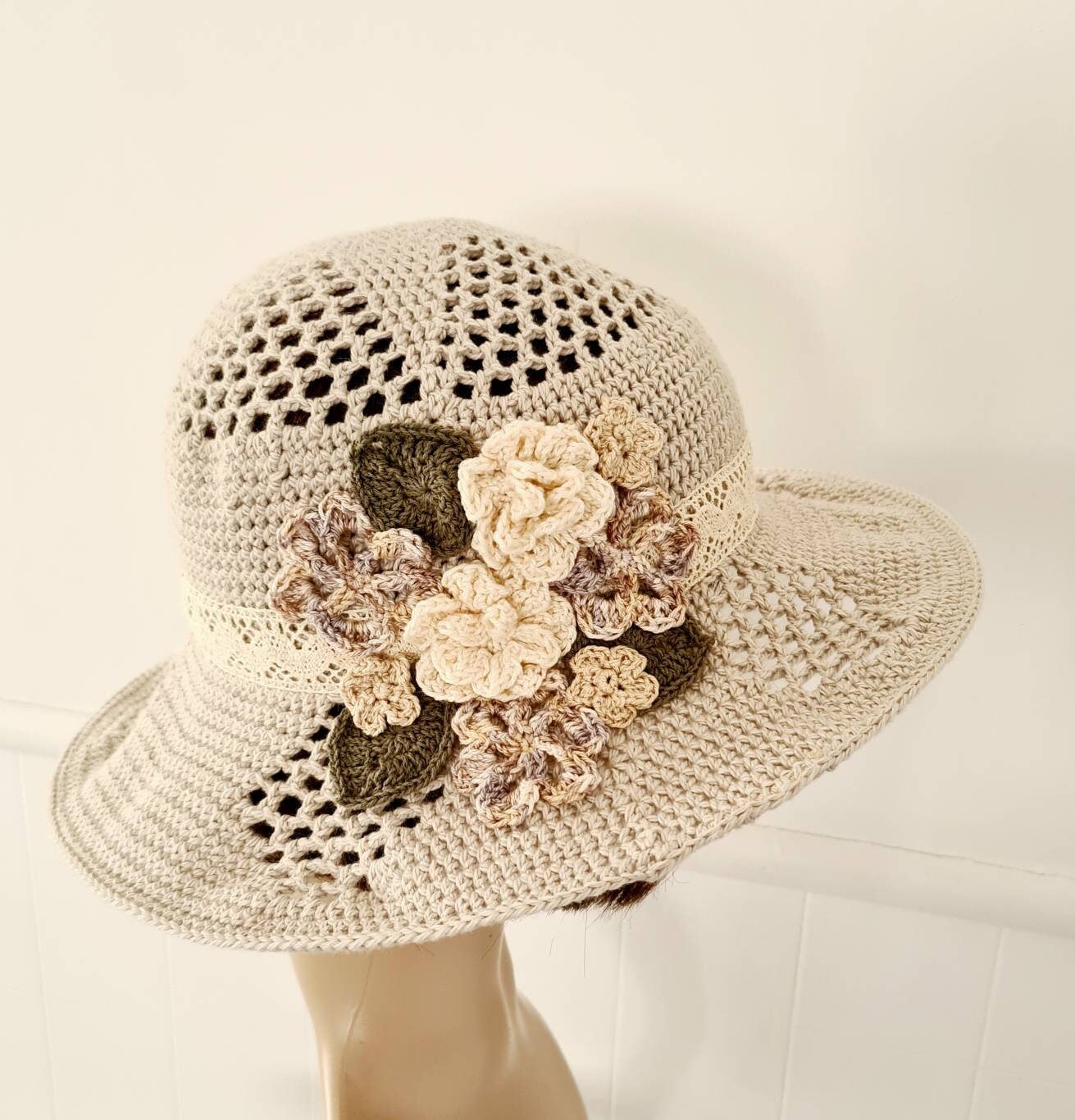 Women Sun Hat, Beige Cotton Crochet Sun Hat With Wide Brim and Flower
