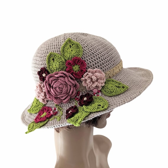 Sun Hat, Crochet Cotton Garden Party Hat, Beige and Multi Colour